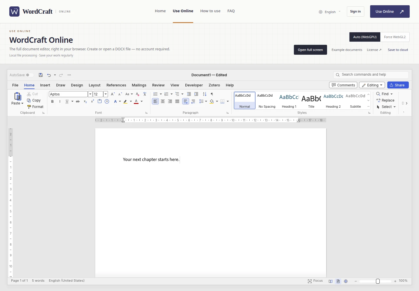 Editor WordCraft Online: barra multifunzione, stili e documento impaginato
